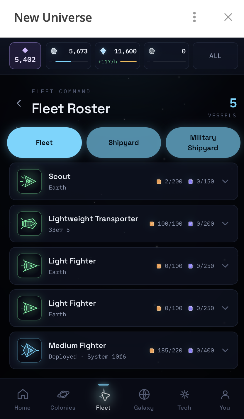 New Universe fleet roster