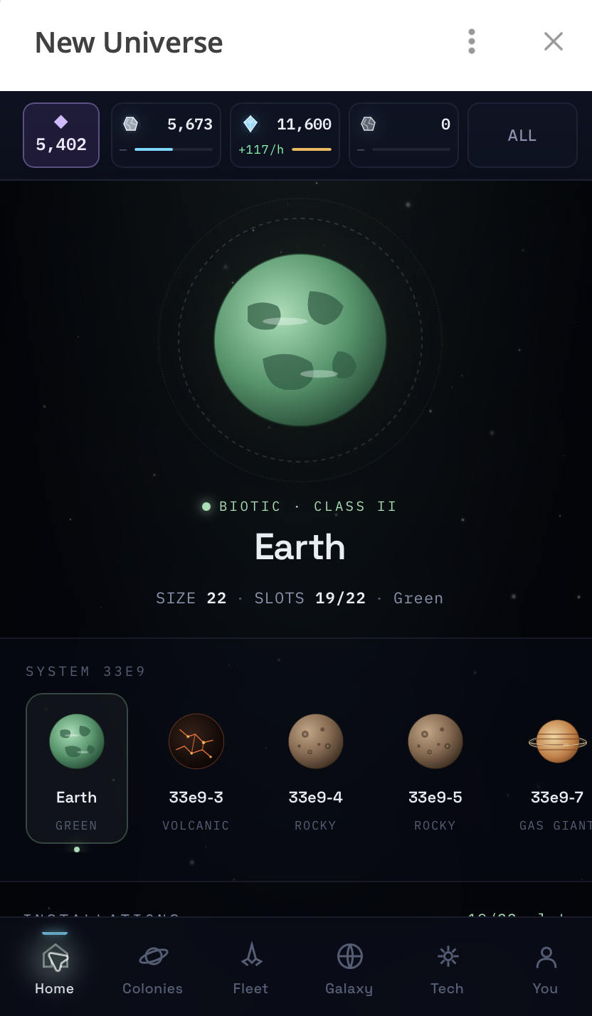 New Universe home system screen